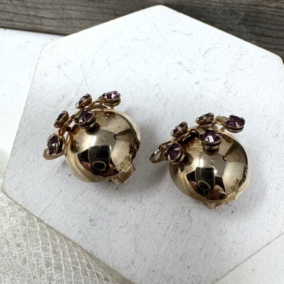 Vintage Clip-On Dome Earrings With Purple Rhinestones & Gold-Tone Finish - Picture 4 of 7